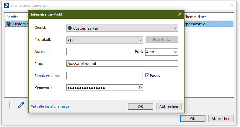 Einstellungen für den Internetserver bei Passwort Depot